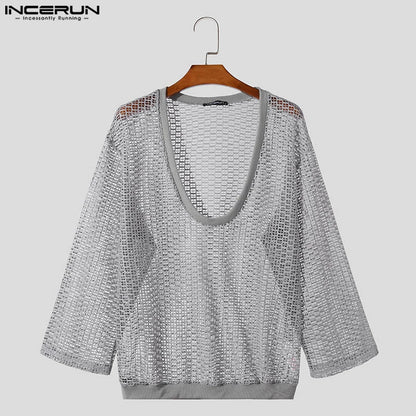 Party Nightclubs Style Tops INCERUN Men's Sexy Deep V-hollowed Mesh T-shirts Summer Casual Thin Three-quarter Sleeve Tees S-5XL