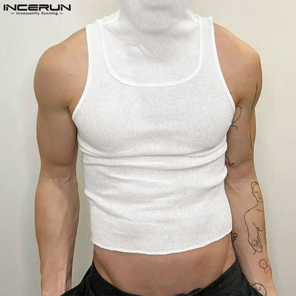 INCERUN Tops 2024 Handsome New Men's Knitted Pit Stripe Design Vests Casual Street Solid High Neck Tight Fitting Tank Tops S-5XL