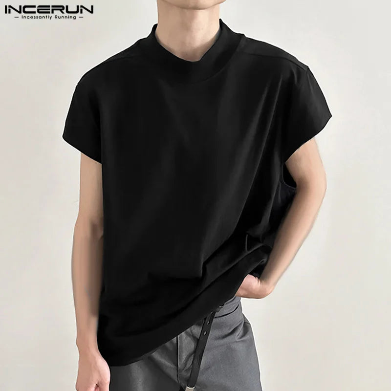 INCERUN Tops 2024 Korean Style New Men Solid Stand Collar Design T-shirts Casual Streetwear Male Loose Sleeveless Camiseta S-5XL