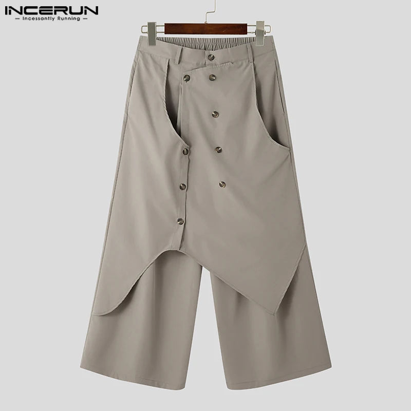 INCERUN 2023 Koreanische Stil Herrenhose Retro Unregelmäßiges Design Lange Hosen Casual Male Solide Alle-spiel Breite Bein Pantalons S-5XL