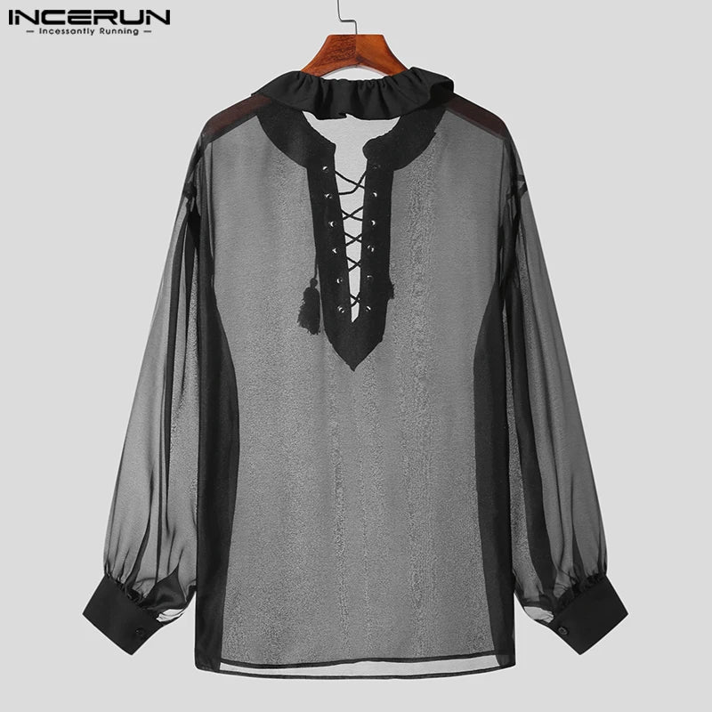 Handsome Well Fitting Tops INCERUN New Mens Ruffled Tie Loose Shirts Casual Sexy Male Thin Perspective Long Sleeved Blouse S-5XL