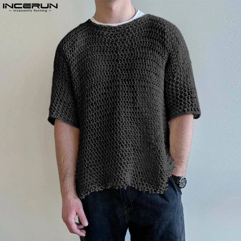 INCERUN Tops 2024 Amerikanischer Stil Mode Herren Mesh Ausgehöhltes Design T-Shirts Casual Streetwear O-Ausschnitt Halbarm Camiseta S-5XL