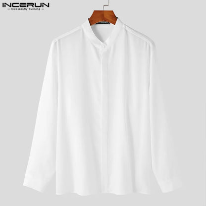 INCERUN Tops 2024 Koreanischen Stil Hübsche Herren Einfache Solide Stehkragen Design Shirts Casual Streetwear Langarm Bluse S-5XL