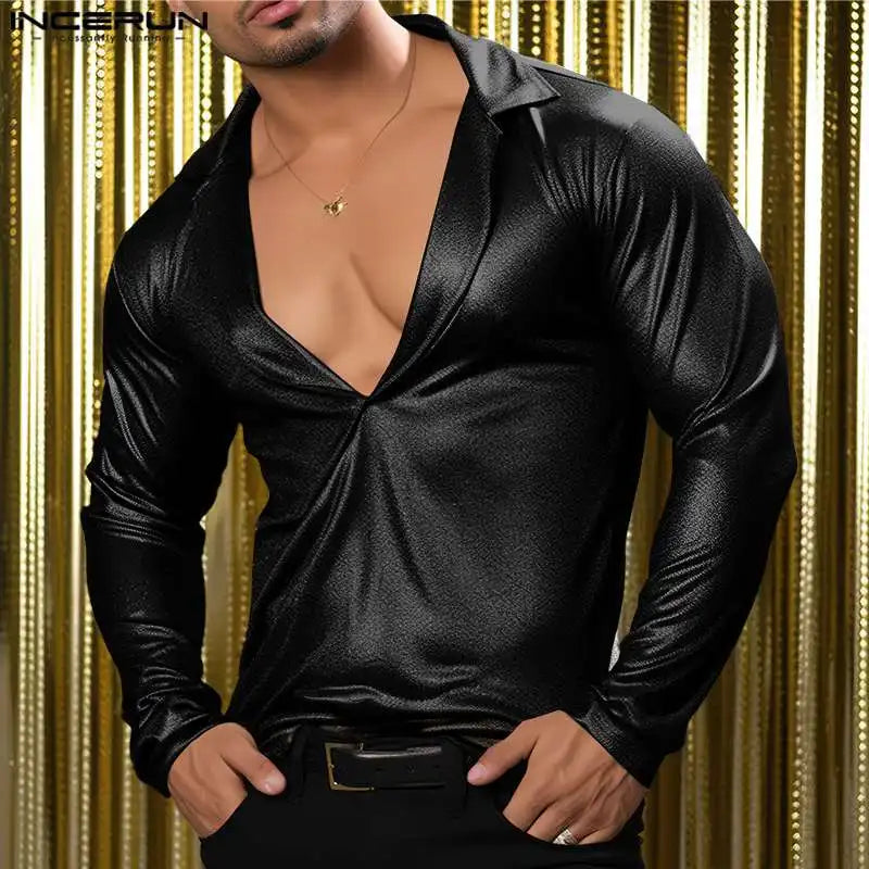 INCERUN Tops 2024 American Style Fashion Mens Large V-neck Glossy Fabric Shirts Casual Clubwear Male Long Sleeved Camiseta S-5XL