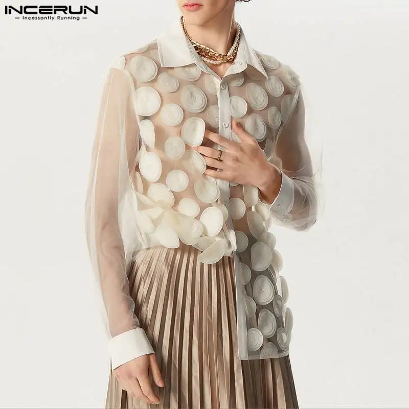 2024 Men's Shirt Patchwork Lapel Long Sleeve Mesh Transparent Men Clothing Streetwear Sexy Fashion Party Camisas S-5XL INCERUN