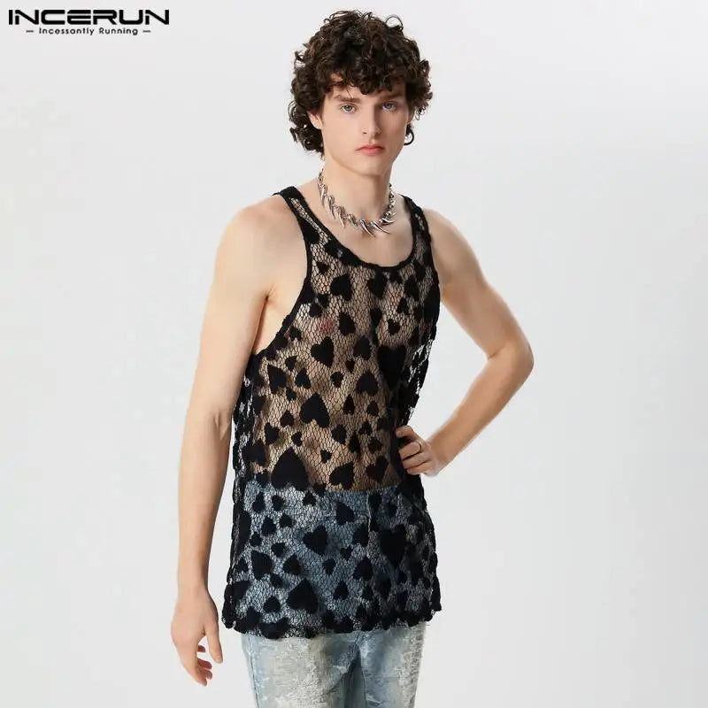 INCERUN Tops 2024 Style Américain Mode Hommes O-cou Creux Coeur Conception Gilets Été Sexy Décontracté Mince Sans Manches Débardeurs S-5XL