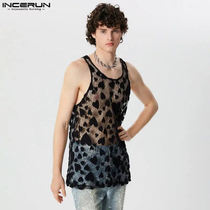 INCERUN Tops 2024 Amerikanischen Stil, Mode, Männer Oansatz Hohl Herz Design Westen Sommer Sexy Casual Dünne Ärmellose Tank Tops S-5XL