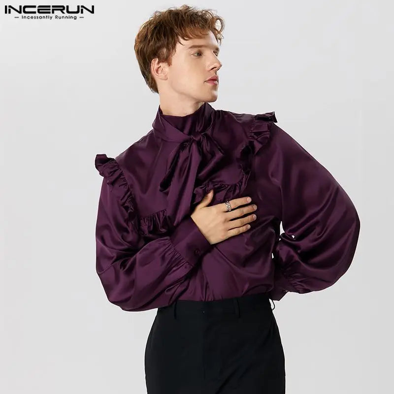 INCERUN Tops 2023 American Style New Men's Satin Tie Ruffle Design Shirts Casual Fashion Palace Style Long Sleeved Blouse S-5XL