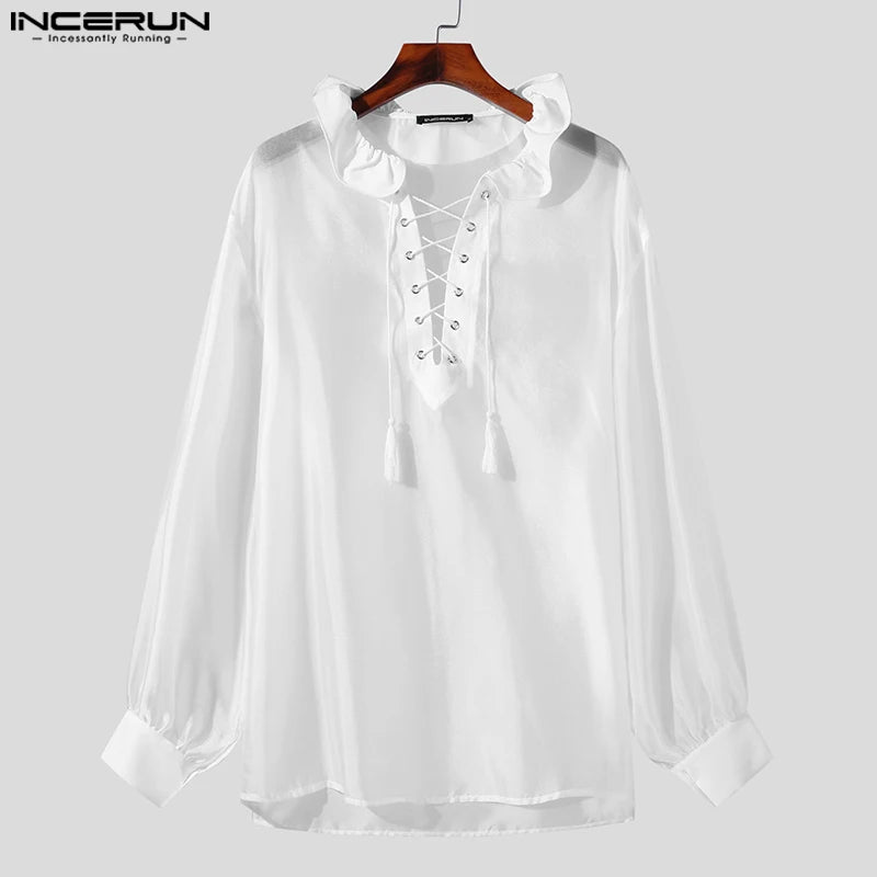 INCERUN Tops 2023 American Style New Men's Ruffled Tie Loose Shirts Casual Sexy Male Thin Perspective Long Sleeved Blouse S-5XL