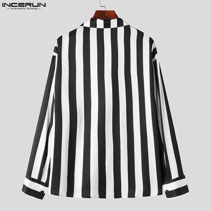 INCERUN Tops 2024 Style américain Nouveaux hommes Personnalité Noir et blanc Rayé Poche Chemises Décontracté Vente Chaude Chemisier À Manches Longues S-5XL