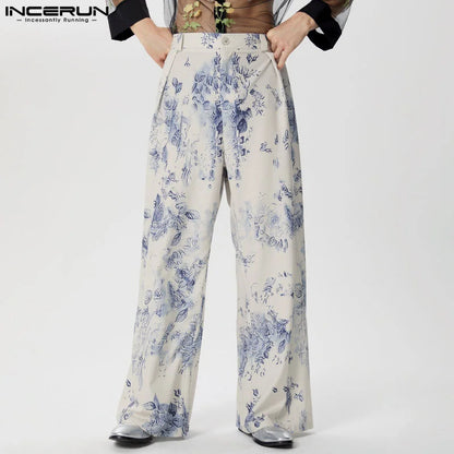 INCERUN 2024 Hose im koreanischen Stil, stilvolle lange Hose mit Blumenmuster für Herren, Freizeit-Streetwear, einfache Pantalons mit geradem Bein, S-5XL