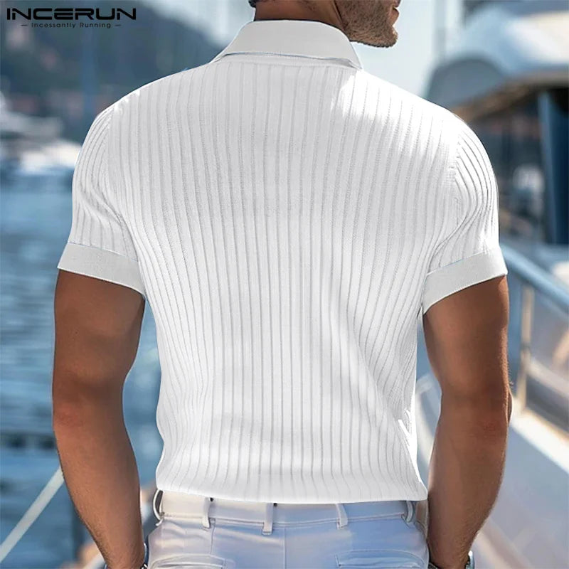 Fashion Casual Style Tops INCERUN New Men's Tight Striped Contrast Shirts Streetwear Male Hot Selling Short Sleeved Blouse S-5XL