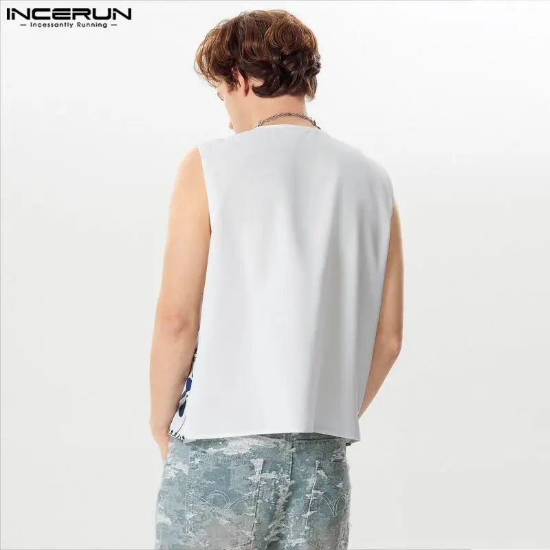 INCERUN Tops 2024 American Style Fashion Men's Buckle Design Shirts Personality Floral Pattern Sleeveless Cardigan Blouse S-5XL