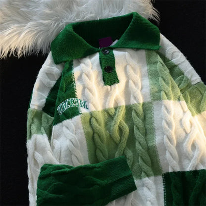 HOUZHOU Pull tricoté vintage à carreaux vert pour homme, pull à carreaux Y2K bleu, pull d'hiver Harajuku japonais