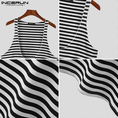 INCERUN Tops 2024 Style américain Hommes Noir et Blanc Rayé Simple Design Gilets Été Décontracté Streetwear Sans Manches Débardeurs S-5XL