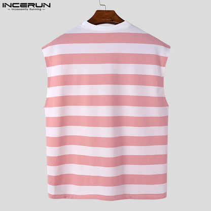 INCERUN Tops 2023 Korean Style Handsome Men's Hot Selling Striped Layered Design Vests Casual Street Male O-neck Tank Tops S-5XL