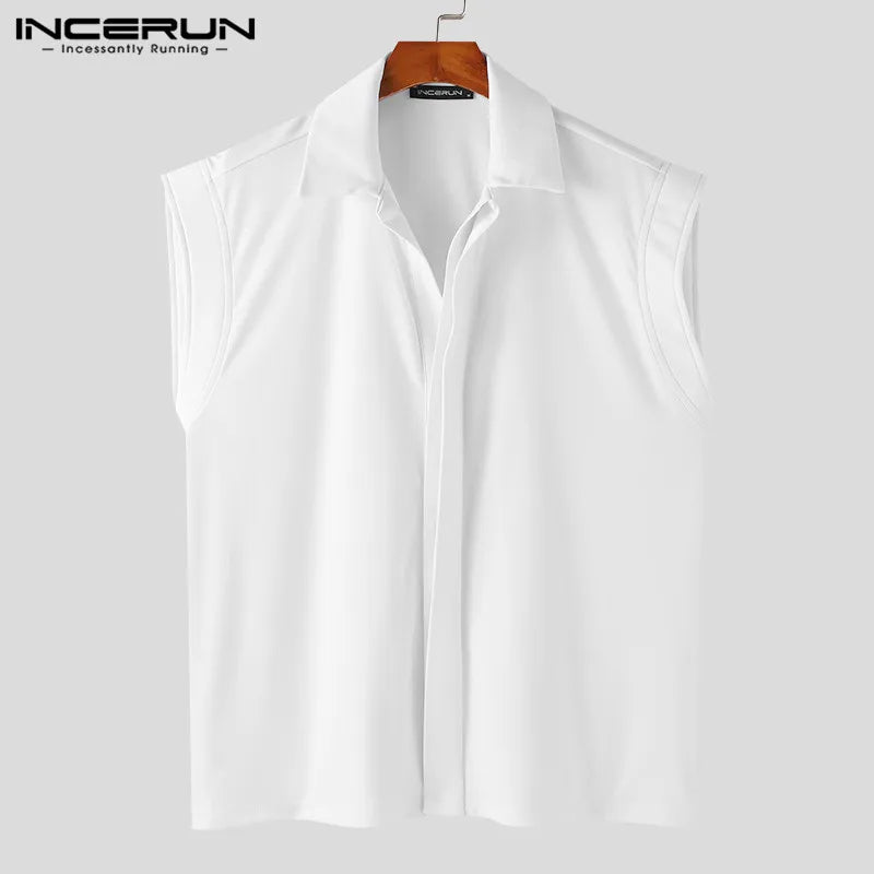 INCERUN Tops 2024 Korean Style New Men Simple All-match Shirts Stylish Streetwear Male Solid Color Lapel Sleeveless Blouse S-5XL