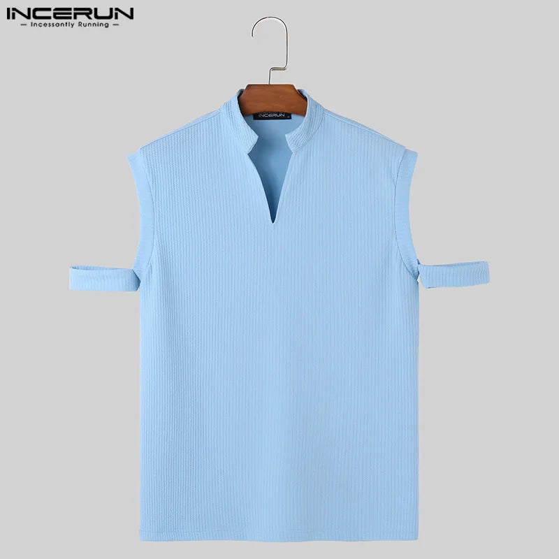 Stylish Casual Style Tops INCERUN 2024 New Mens Stand Collar Cuffs Design T-shirts Streetwear Solid Short Sleeved Camiseta S-5XL