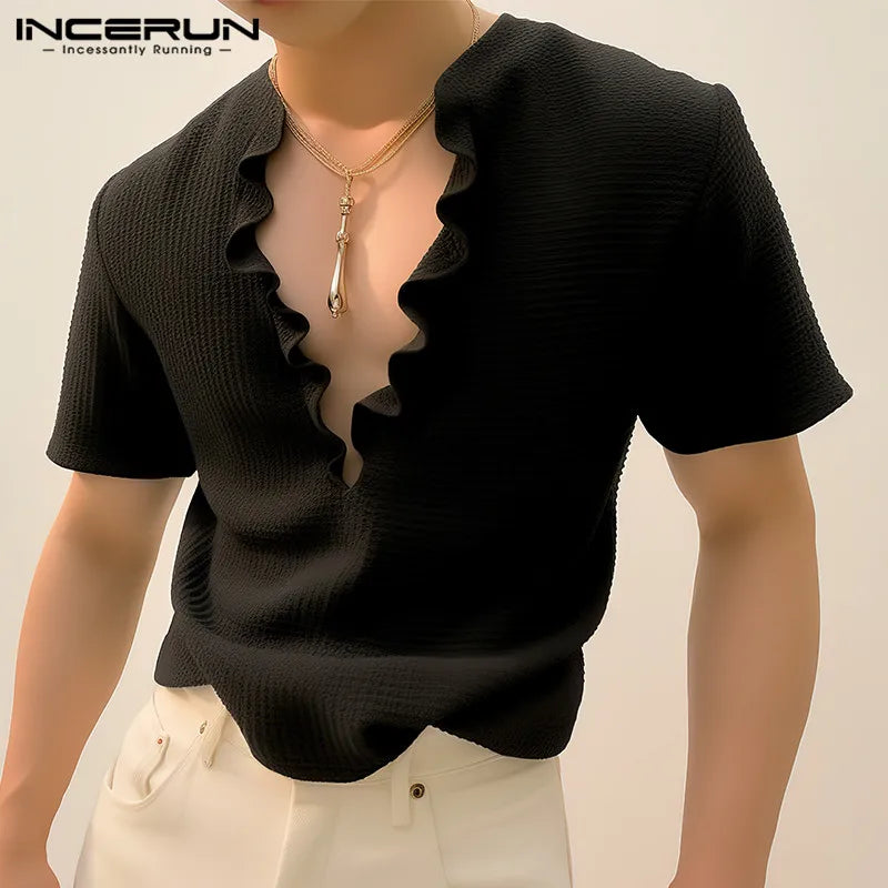 INCERUN Tops 2024 Style coréen Beau Nouveau Hommes Volants Conception Solide T-shirts Mode Sexy Cardigan À Manches Courtes Camiseta S-5XL