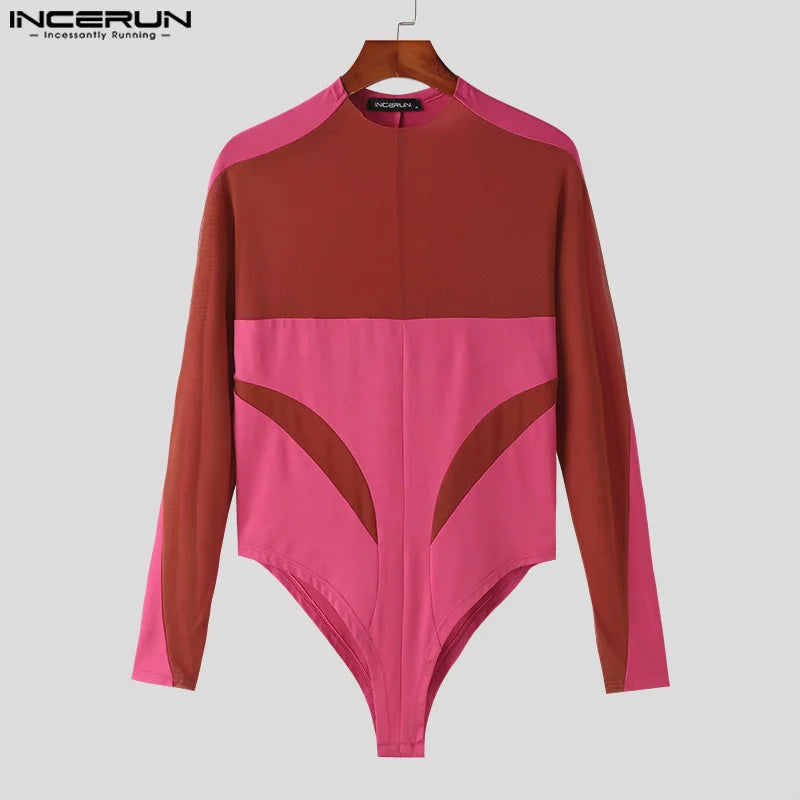 INCERUN 2024 Sexy Fashion Mens Jumpsuits See-through Mesh Deconstruction Design Splicing Long Sleeved Triangular Bodysuits S-3XL