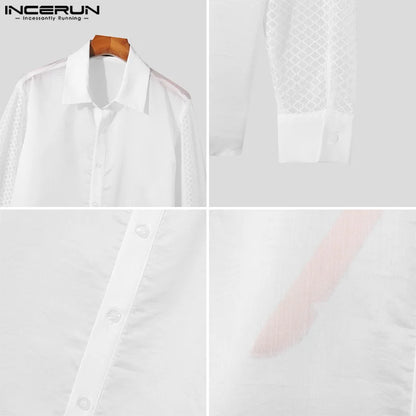 INCERUN Tops 2024 American Style Fashion Men's Mesh Splicing Hollow Slightly Transparent Shirts Casual Long Sleeved Blouse S-5XL