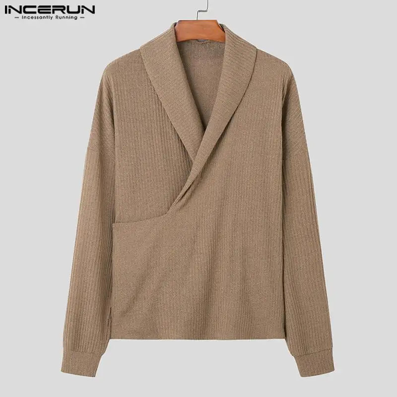 INCEUN Tops 2024 Modische Herren Strickpullover mit Streifenmuster, lässige Streetwear, einfarbiger Revers, langärmelige Pullover, S-5XL