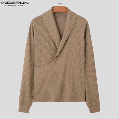 INCEUN Tops 2024 Pulls à rayures en tricot pour hommes à la mode Pulls décontractés à revers solides à manches longues pour hommes S-5XL