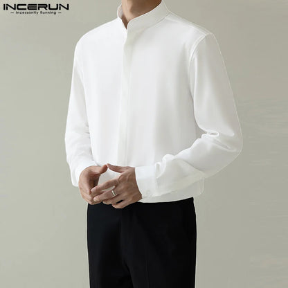 INCERUN Tops 2024 Korean Style Handsome Mens Simple Solid Stand Collar Design Shirts Casual Streetwear Long Sleeved Blouse S-5XL