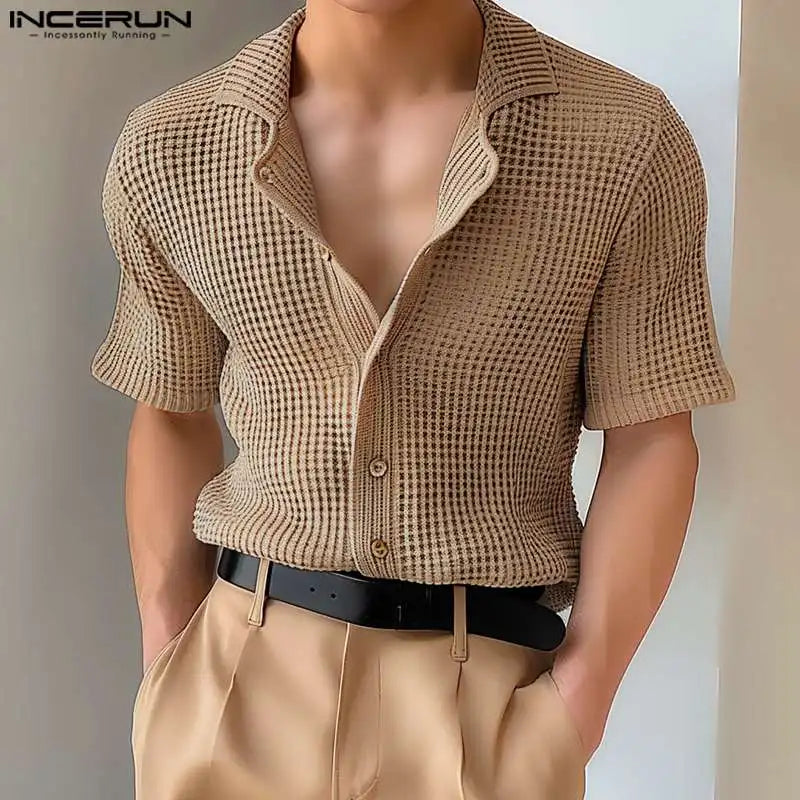 INCERUN Tops 2024 Korean Style Men's Textured Solid Simple Shirts Casual Streetwear Standing Collar Medium Sleeved Blouse S-5XL