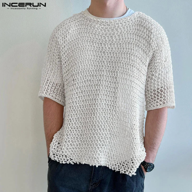 INCERUN Tops 2024 T-shirts de conception creuse en maille de mode de style américain pour hommes T-shirts décontractés à col rond à manches mi-longues Camiseta S-5XL