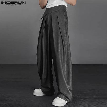 INCERUN 2024 Korean Style Trousers Men's Loose Straight Leg Design Solid Pant Casual Streetwear Simple All-match Pantalons S-5XL