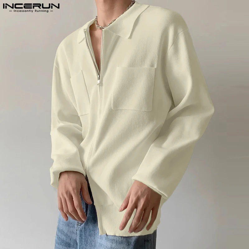 INCERUN Tops 2024 Korean Style New Men Double Head Zippered Lapel Design Shirts Casual Streetwear Male Long Sleeved Blouse S-5XL