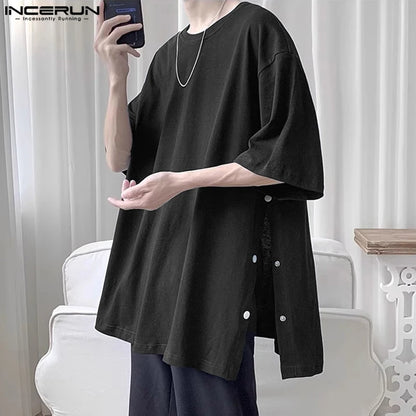 INCERUN Tops 2024 Korean Style Men's Split Breasted Loose Design T-shirts Casual Simple Male Solid Medium Sleeved Camiseta S-5XL