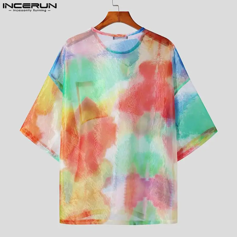 INCERUN Tops 2023 Amerikanischer Stil Neue Männer Bunte Batik Durchsichtige Mesh-T-Shirts Casual Party 3/4 Ärmel Dünnes Camiseta S-5XL