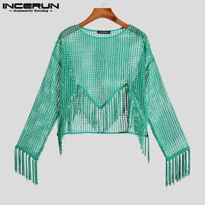 Stylish Well Fitting Tops INCERUN New Men's Knitted Hollow Mesh T-shirts Sexy Breathable Tassel Short Long Sleeve Camiseta S-5XL