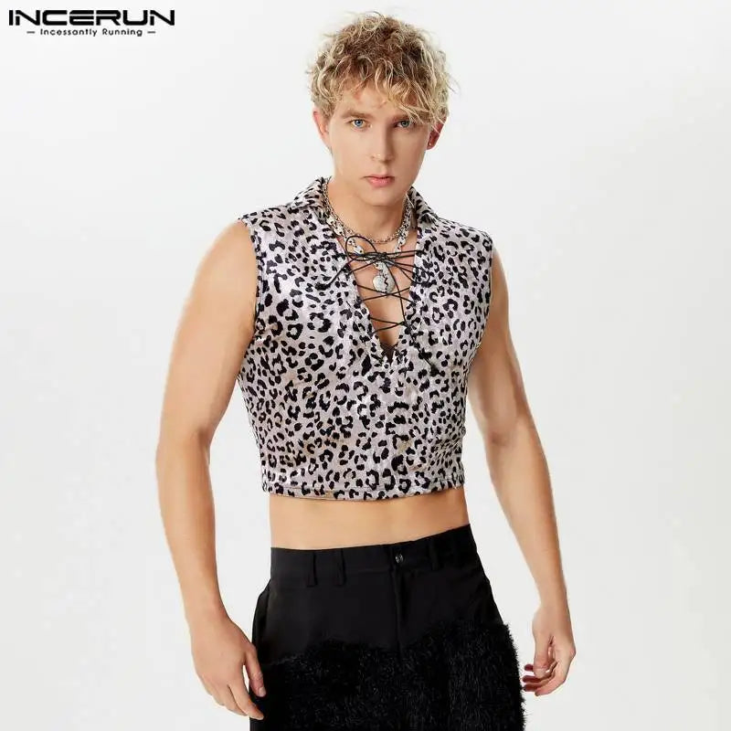 INCERUN Tops 2024 Amerikanischen Stil Mode Männer Ripple Kordelzug Design Westen Sexy Casual Cropped Revers Ärmellose Tank Tops S-5XL