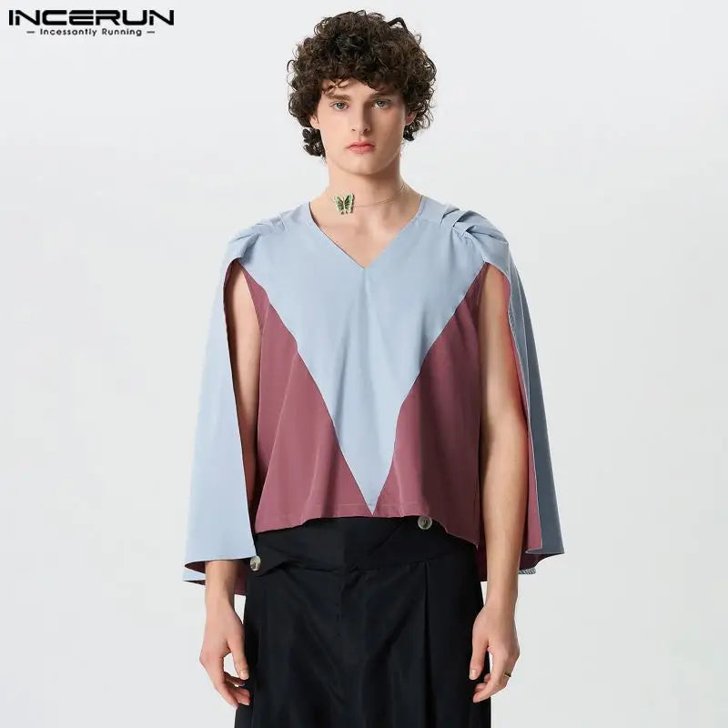 INCERUN Summer T-shirts Men's Clothing Fashion Sleeveless Cloak Patchwork Cape Clubwear Tops Tee V Neck Blouses T Shirt Oversize