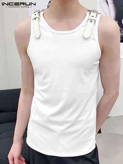 INCERUN Men Tank Tops Solid Color PU Leather Button Sleeveless Streetwear O-neck Vests 2023 Summer Fashion Men Clothing S-5XL 7