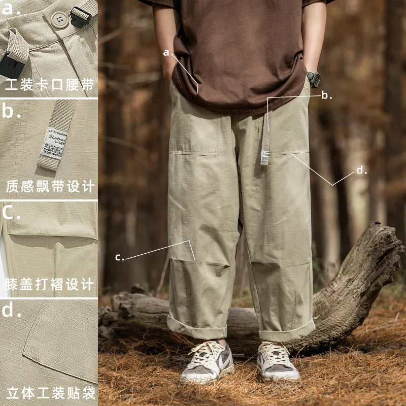 HOUZHOU Khaki Cargo Pants for Men Japanese Casual Wide Leg Cargo Trousers Male Black Pleated Loose Streetwear Safari Style