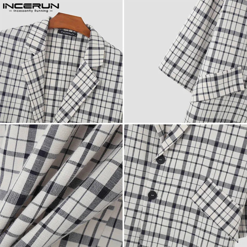 Hübsche neue Herrenoberteile INCERUN 2024 Modisches Plaid-Design Lose Anzugmäntel Männliche Casual Streetwear Halbarm Blazer S-5XL