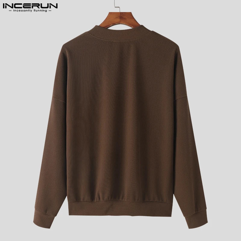 INCERUN Tops 2023 American Style New Men's Solid All-match V-neck Pullovers Casual Fashion Male Loose Long Sleeved Sweater S-5XL