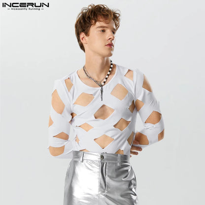 2023 Men Bodysuits Solid Hollow Out Sexy O-neck Long Sleeve Male T Shirts Rompers Streetwear Sexy Fashion Bodysuit S-3XL INCERUN