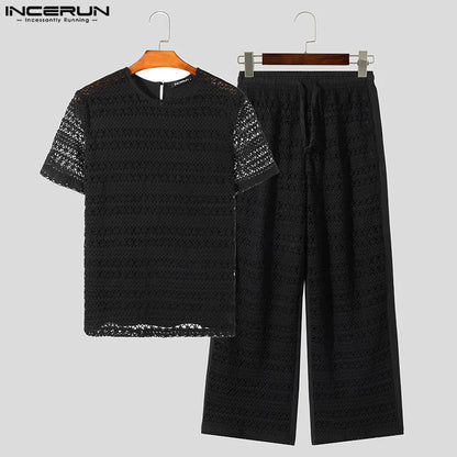 INCERUN 2024 American Style Fashion Sets Men's Hollowed Lace Short Sleeved Tops Long Pants Casual Streetwear Suit 2 Pieces S-5XL