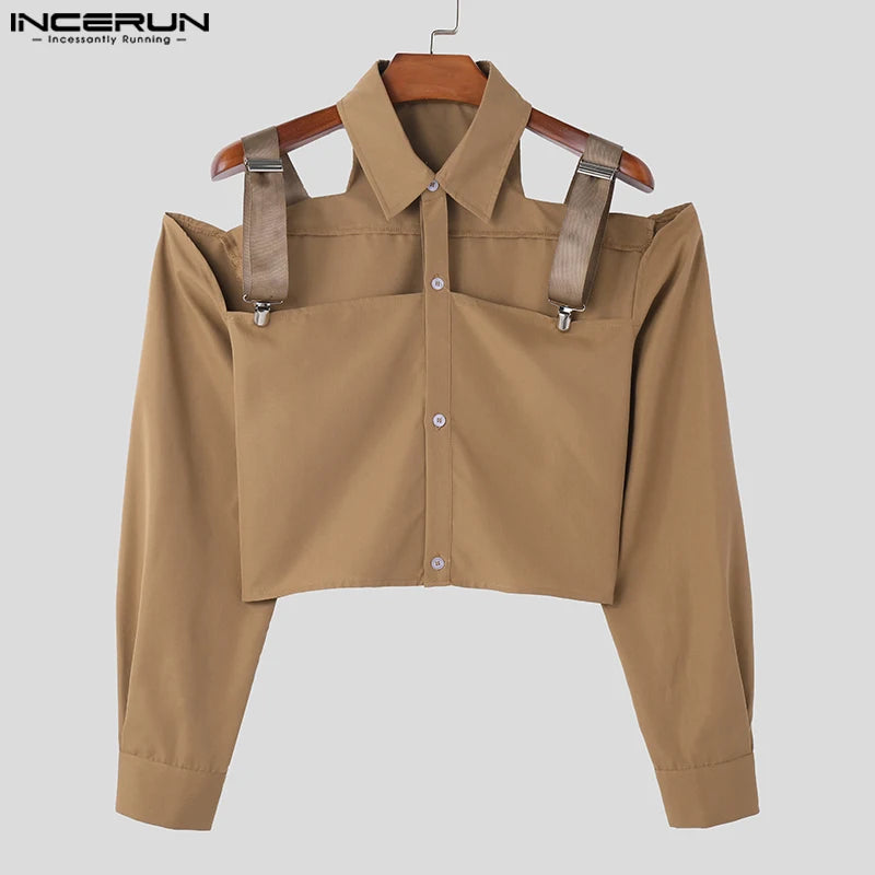 INCERUN Tops 2024 American Style New Men's Hollow Design Cropped Shirts Fashion Party Shows Male Solid Long Sleeved Blouse S-5XL