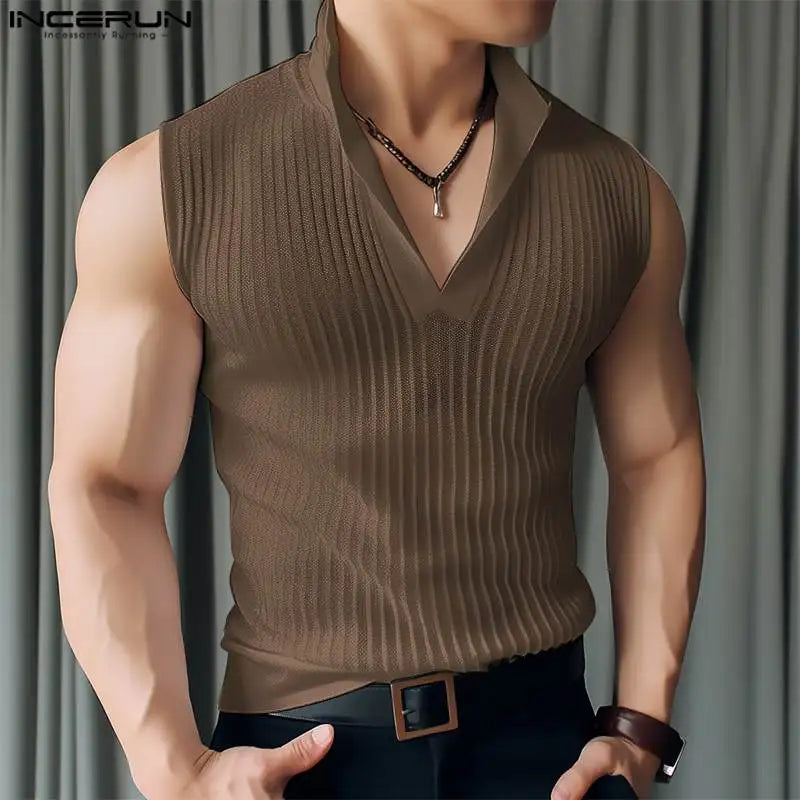 INCERUN Tops 2024 Korean Style Men Solid Knitted Texture Design Vests Casual Simple Male Stand Collar Sleeveless Tank Tops S-5XL