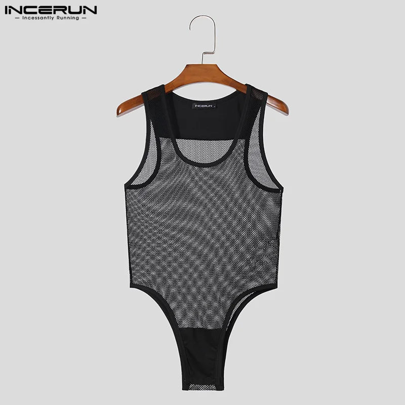 2024 Men Bodysuits Mesh Patchwork Sexy O-neck Sleeveless Male Bodysuit Transparent Skinny Rompers Men's Underwear S-5XL INCERUN