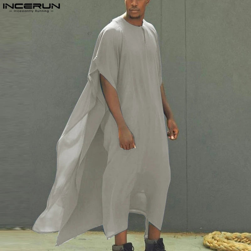 INCERUN 2023 Muslimischen Stil Neue Herren Lange-stil Kaftan Robe Casual Einfache Alle-spiel Robe Männlichen Solide Kurzarm Jubba Thobe S-5XL