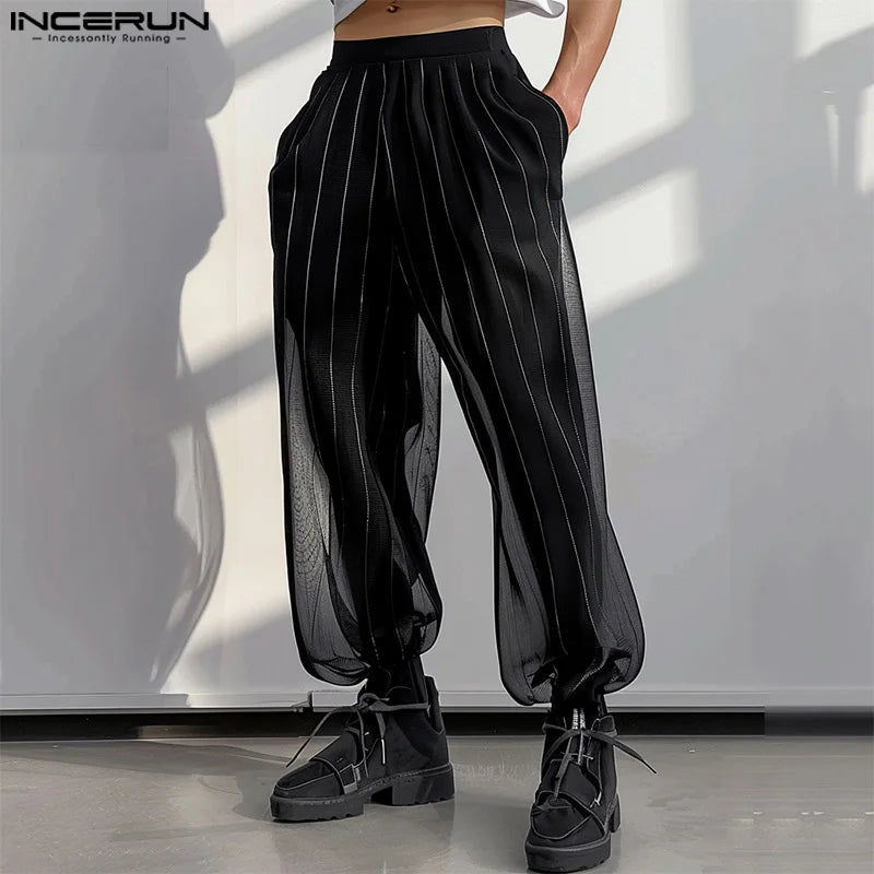 INCERUN 2024 Koreanische Stil Hosen Mode Für Männer Gestreiften Perspektive Hosen Casual Party Zeigt Heißer Verkauf Männlichen Dünne Pantalons S-5XL