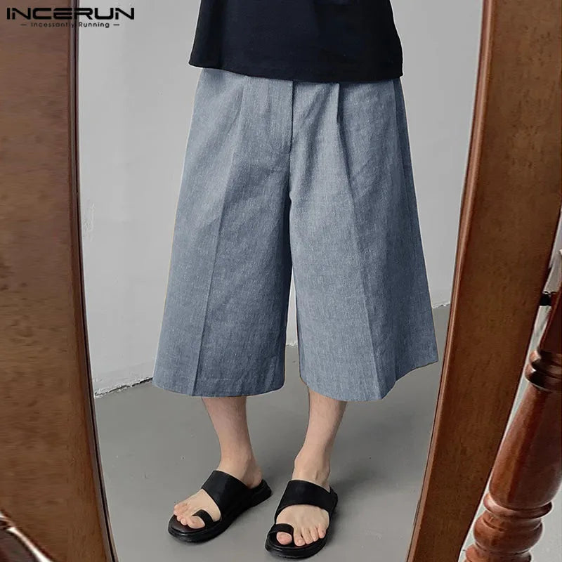 INCERUN 2024 Korean Style Trousers Mens Dual Color Plain Design Pant Casual Solid Simple All-match Loose Cropped Pantalons S-5XL