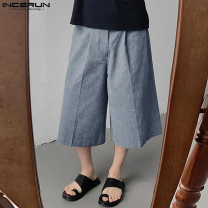 INCERUN 2024 Korean Style Trousers Mens Dual Color Plain Design Pant Casual Solid Simple All-match Loose Cropped Pantalons S-5XL